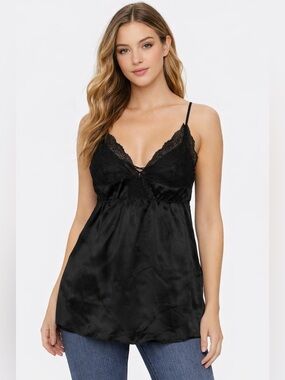 Victoria's Secret Black Silk Babydoll Camisole Top Lace Trim ‎ Flowy  Women’s L